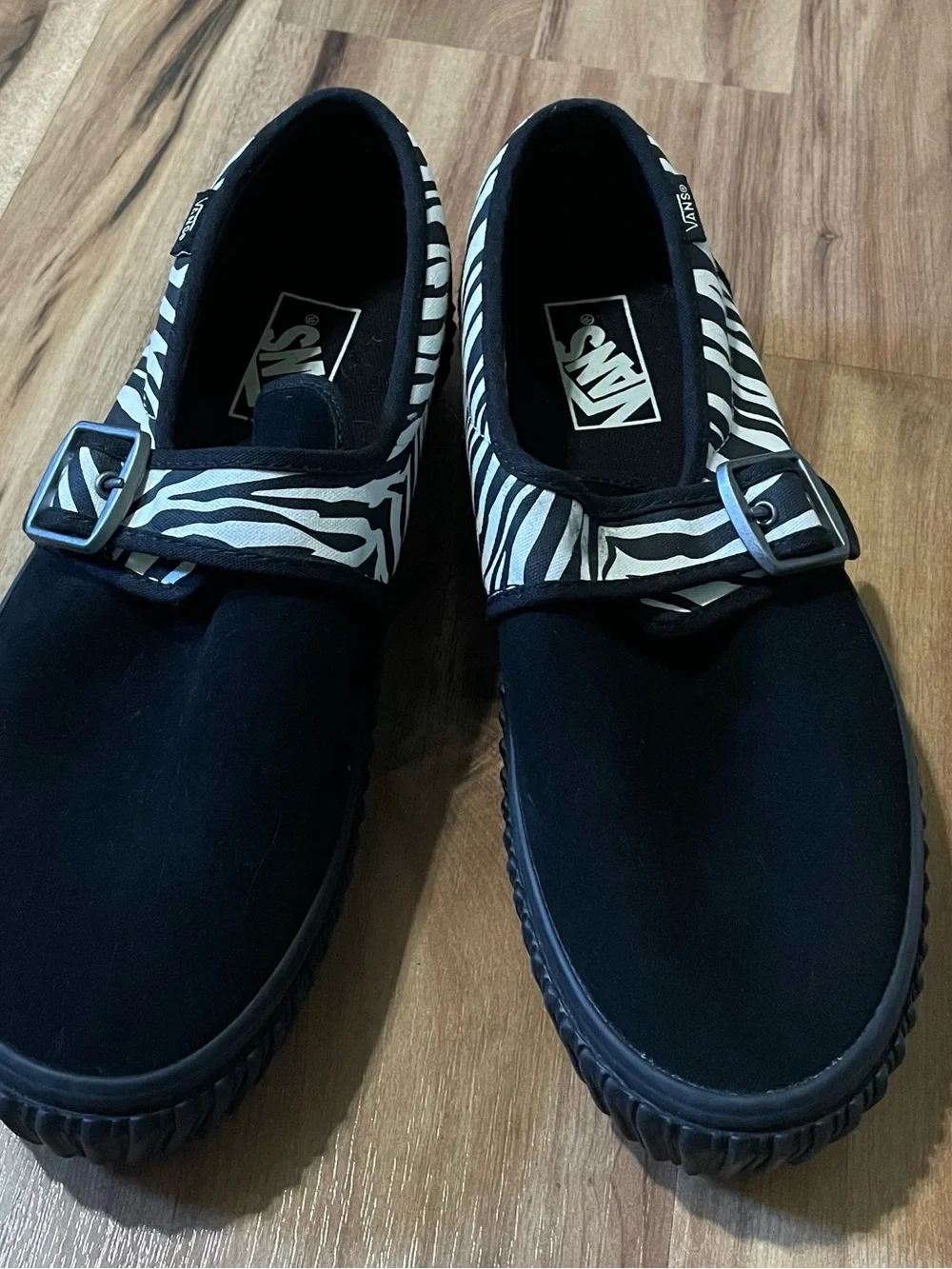 Vans Style 47 Creeper Black Suede Zebra Stripe Buckled Platform Shoes 8M 9.5W